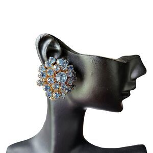 Weiss Blue Crystal Clip On Vintage Earrings 1"